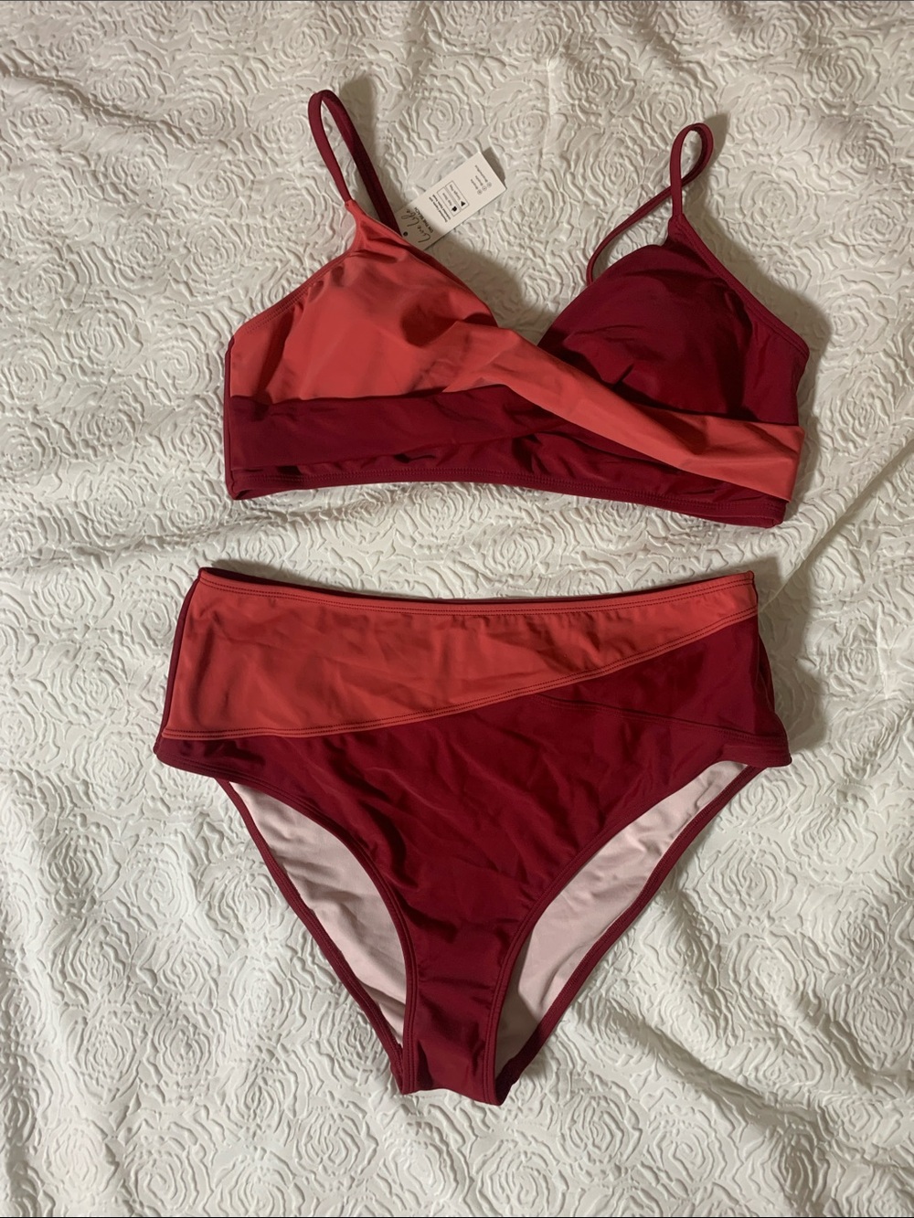 NWT Cupshe Coral & Burgundy Colorblock Bikini Set, Size XL